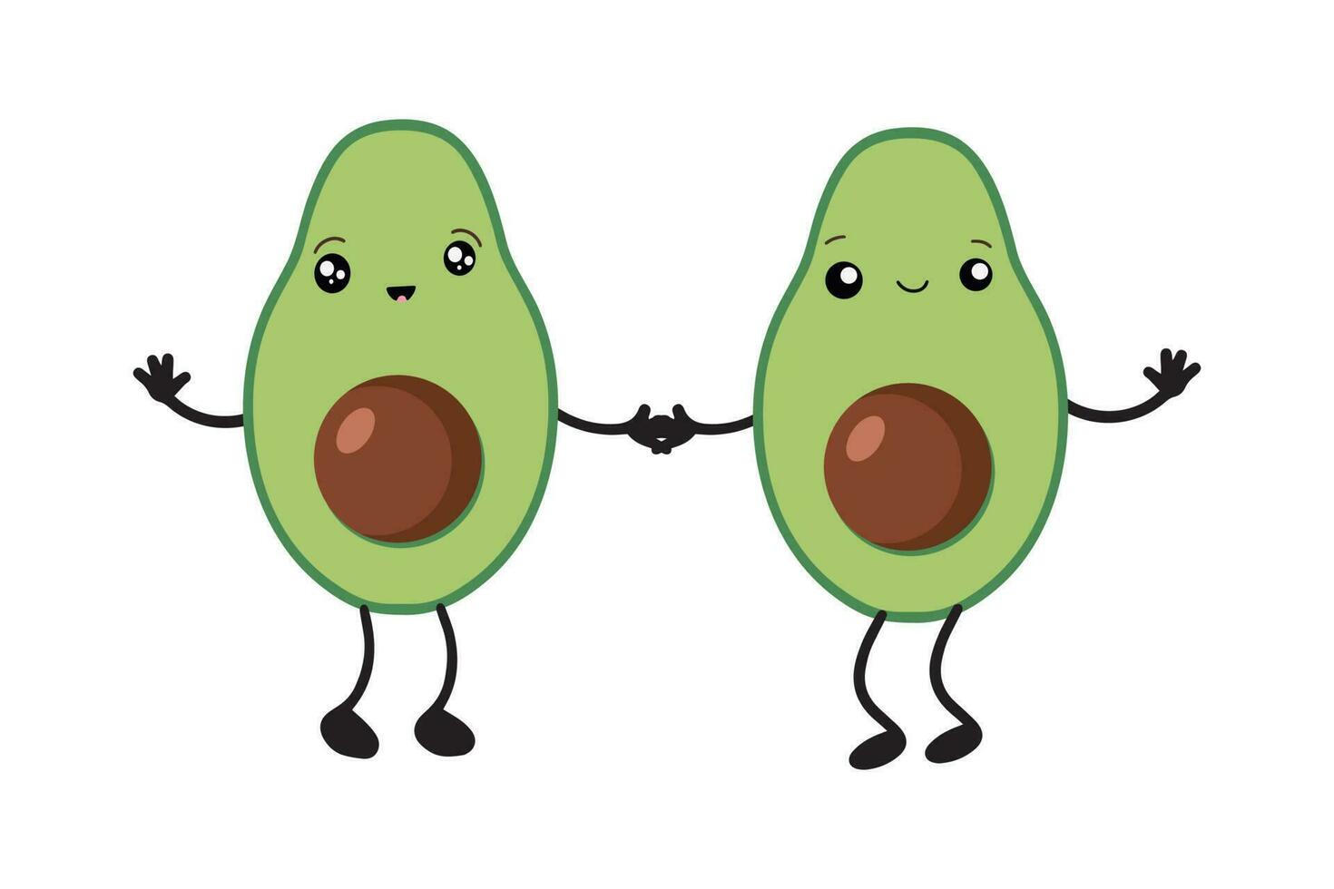 A set of avocados in the style of kawaii. Avocado fruits in a flat design. vector