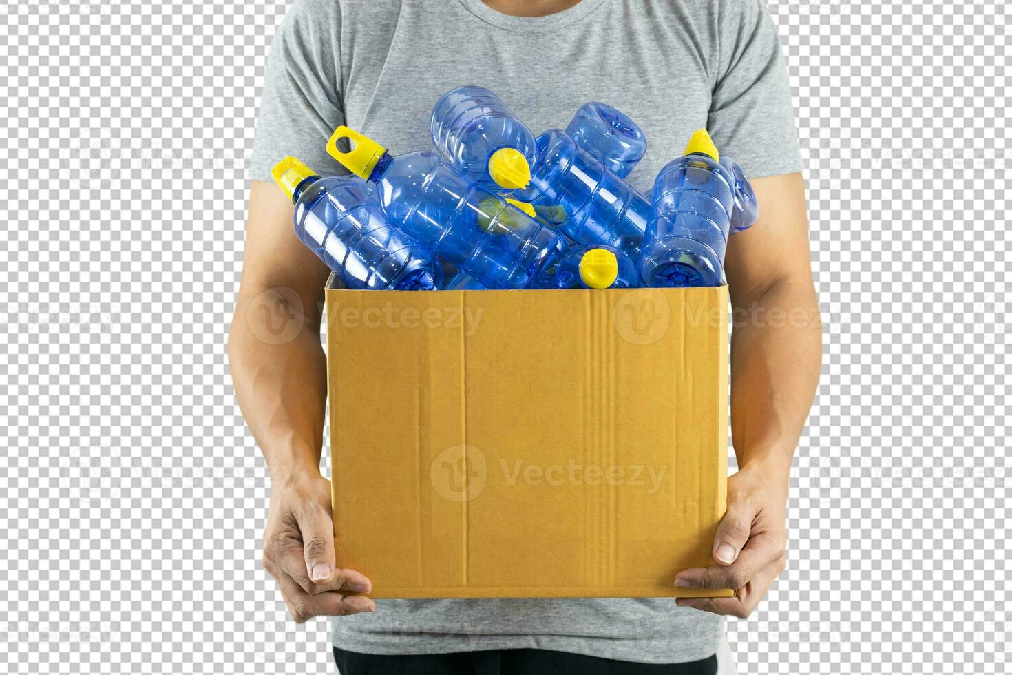 Man holding a box of recycled plastic bottles,psd file photo
