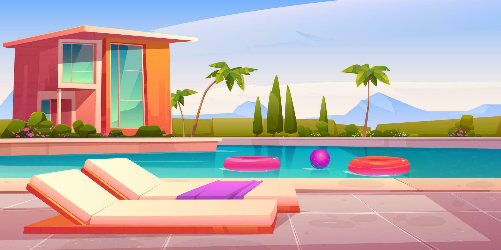 House and swimming pool with deck chairs vector