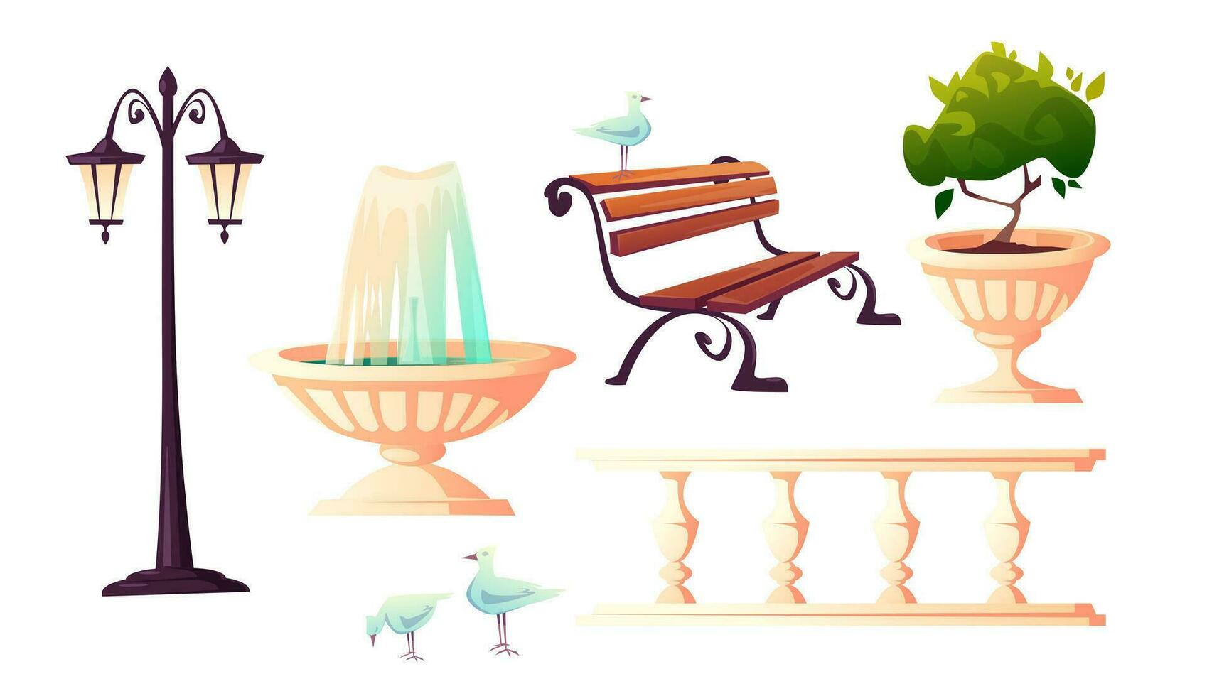 City park with fountain, bench and gulls vector