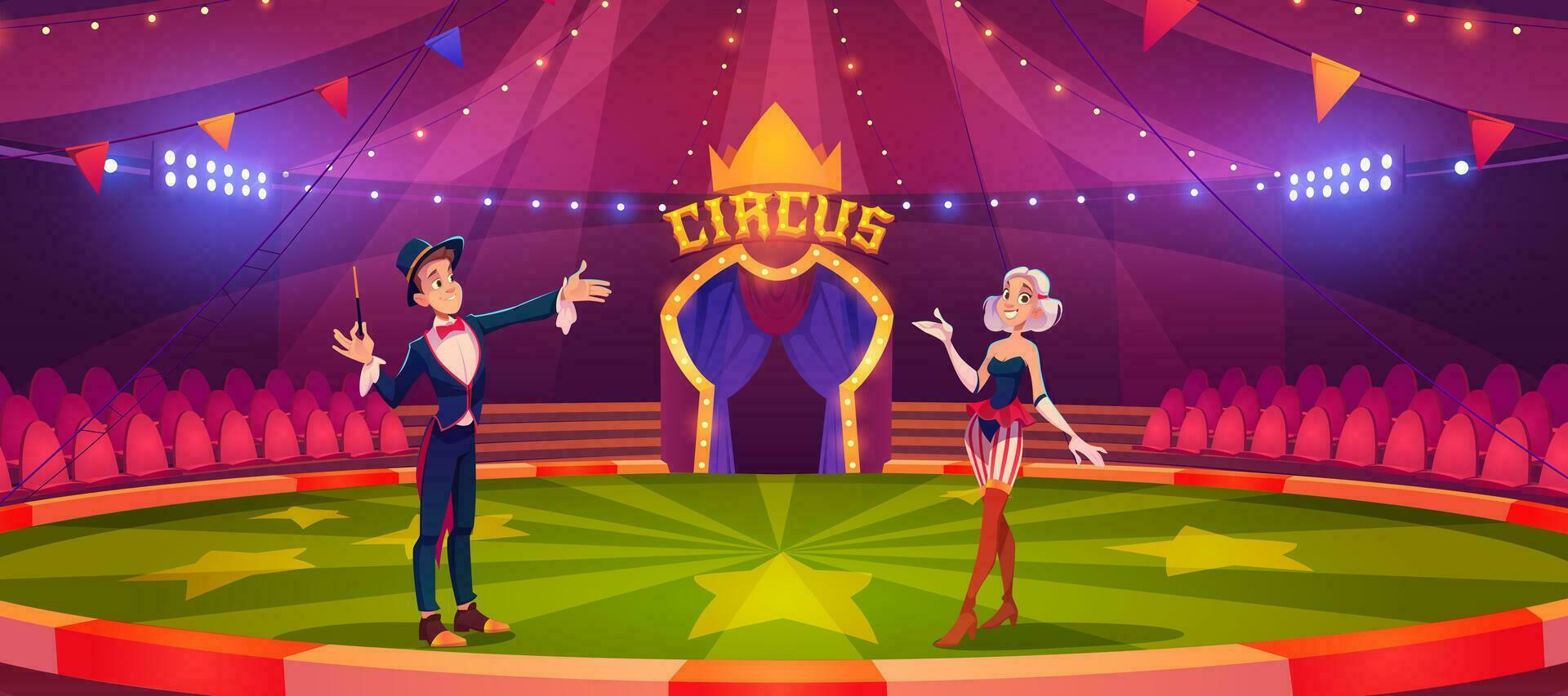 Magician with wand and woman on circus arena vector