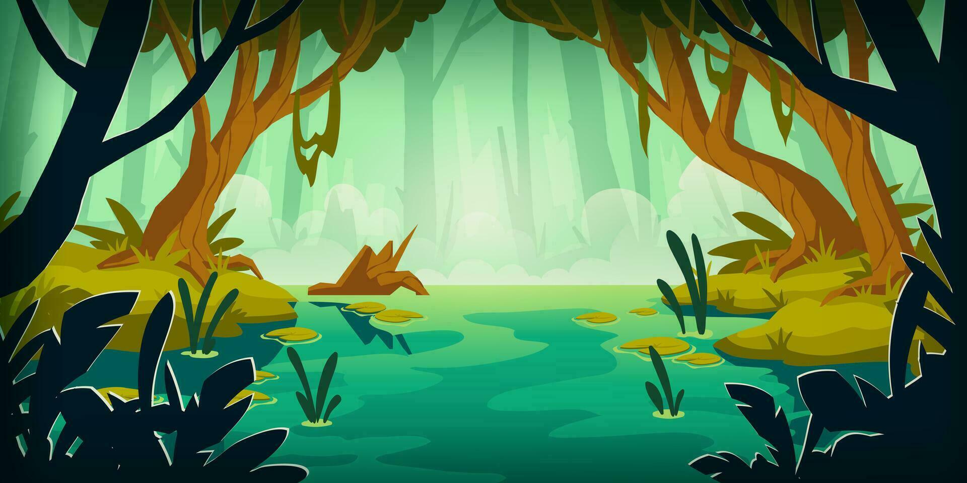 Vector landscape with swamp in rain forest