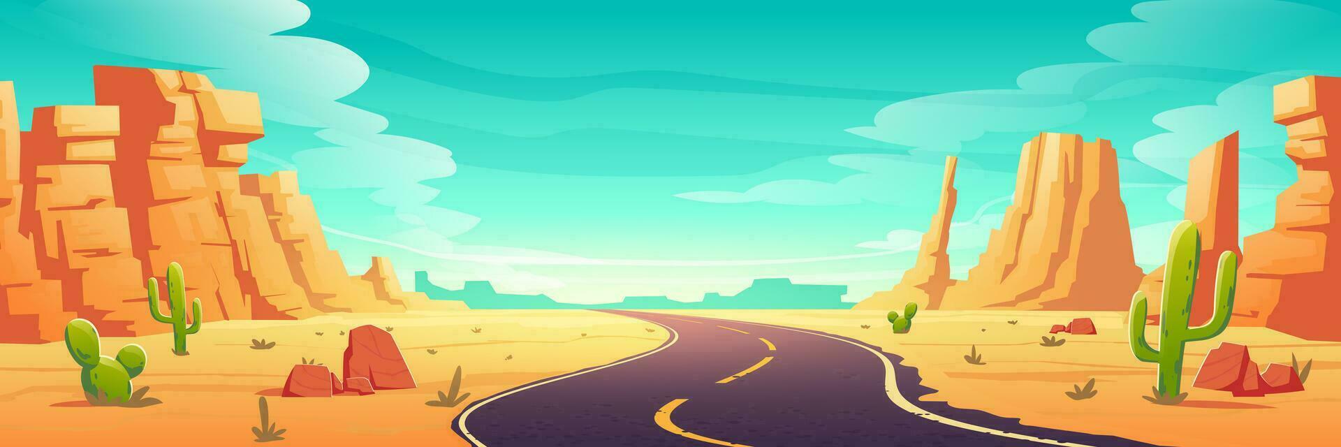 Desert landscape with road, rocks and cactuses vector