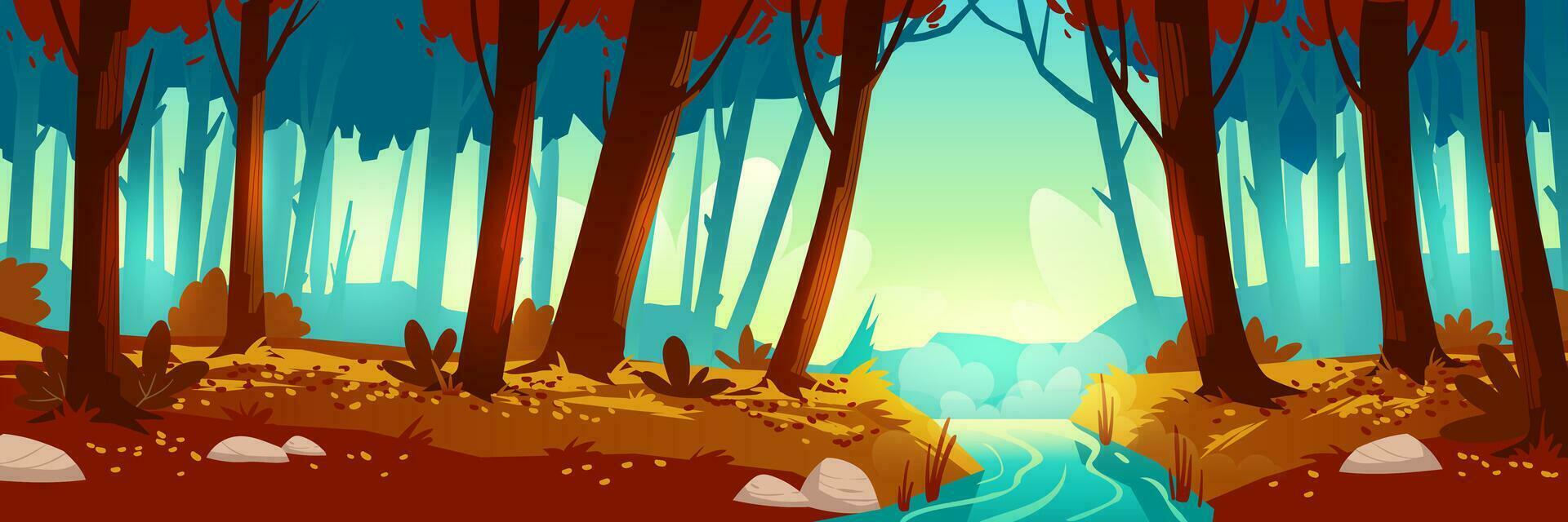 Vector autumn landscape with forest and river