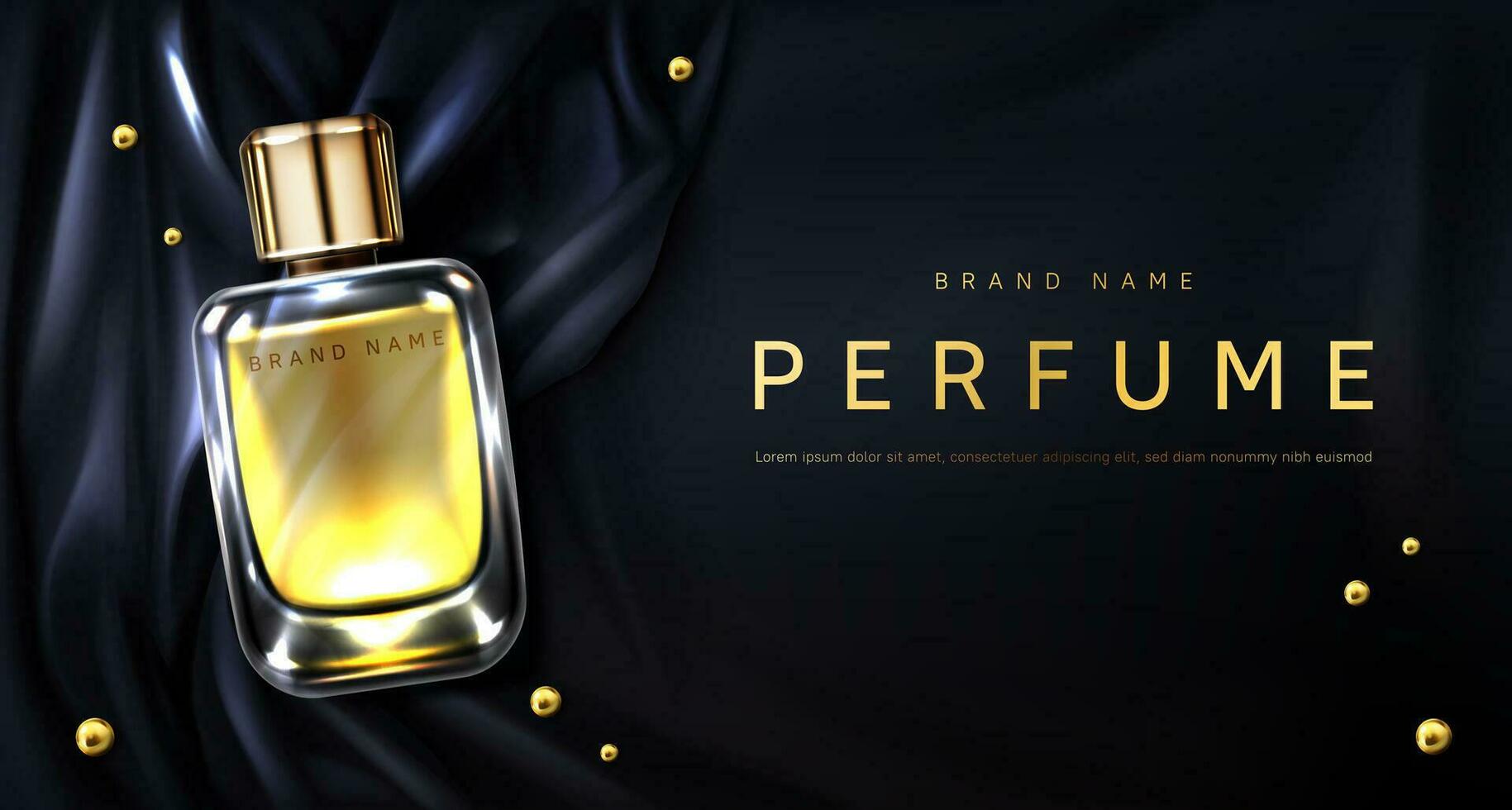 Perfume bottle on black silk fabric background vector