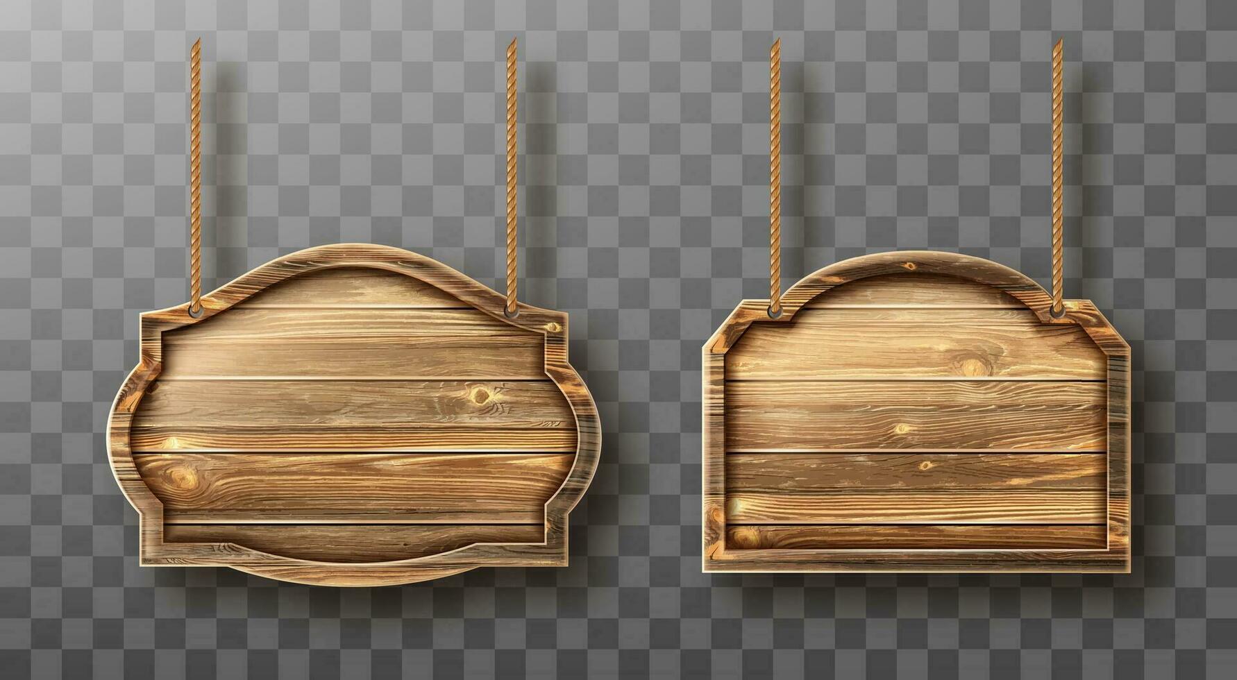 Wooden boards on ropes set. Realistic signboards vector