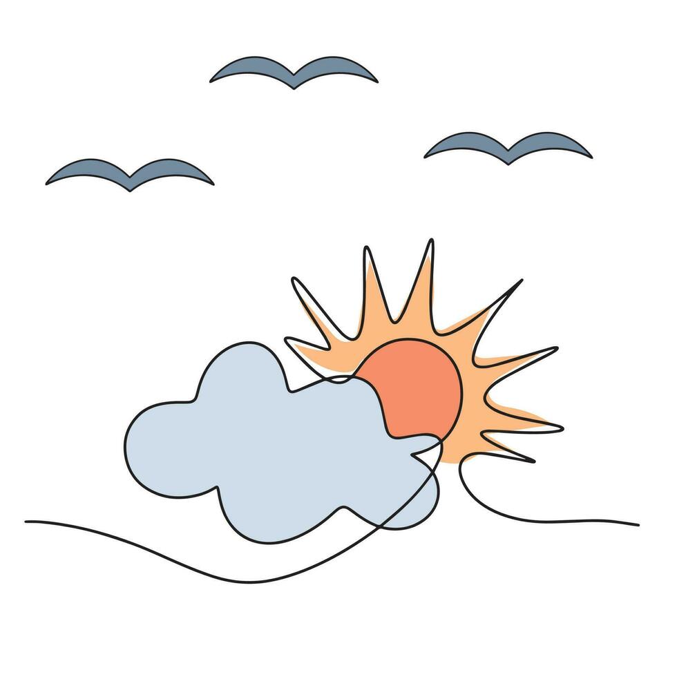 Sun, clouds, seagulls highlighted on a white background. Hand-painted on paper. Vector