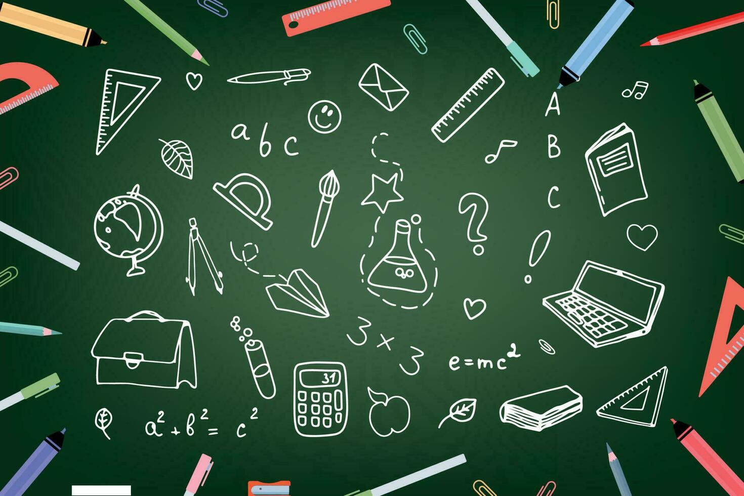 Background of school icons in doodle style. School education. Back to school doodle drawing. Vector illustration