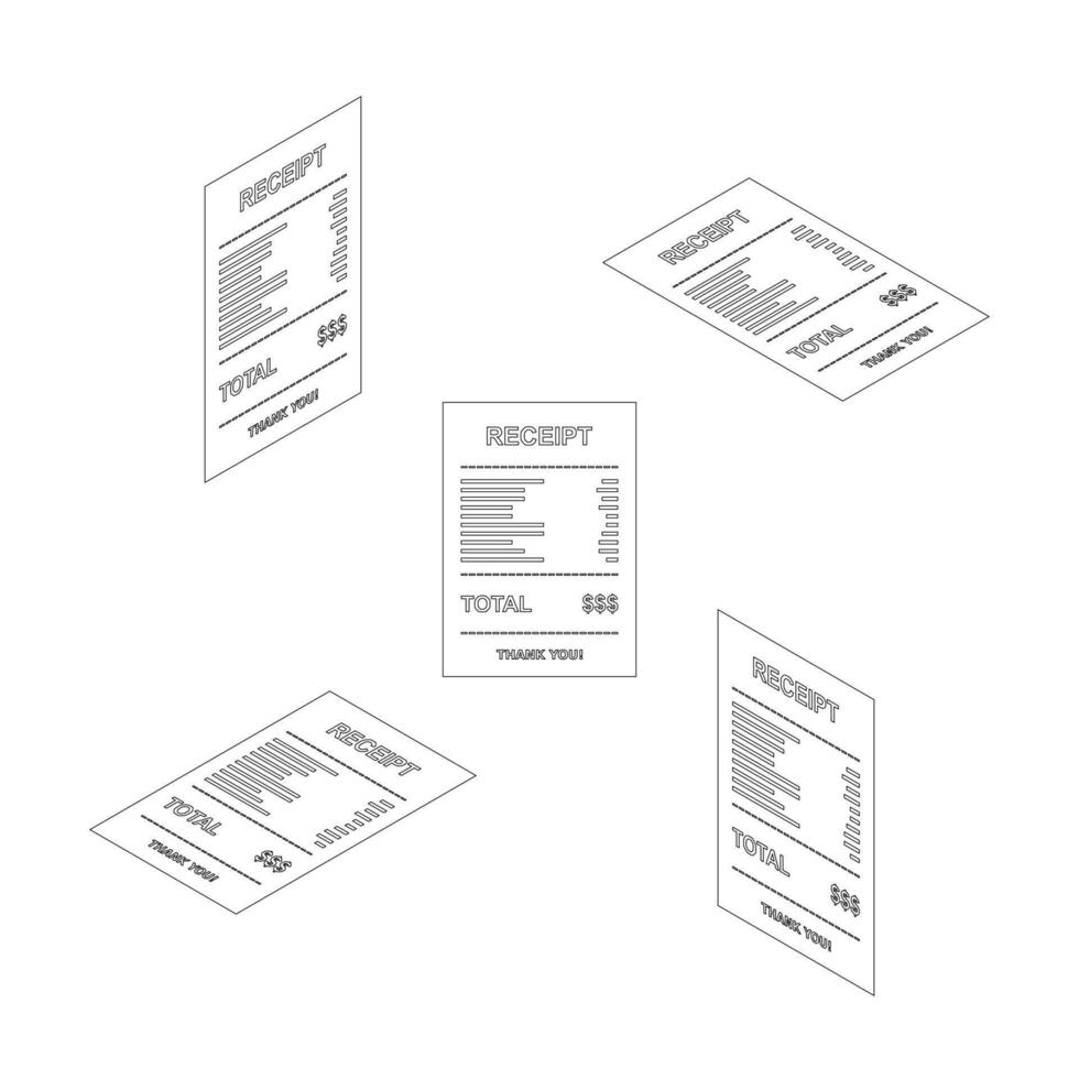 recibo papel, cuenta controlar, factura, efectivo recibo. negro describir. isométrica y plano icono. tienda recibo o factura, Cajero automático cheque con impuesto o IVA. vector