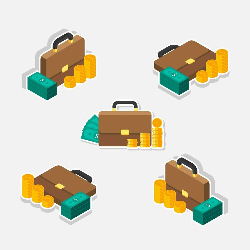 Briefcase, Dollar money cash icon, Gold coin stack Isometric and Flat White Stroke and Shadow icon vector. Flat style vector illustration.