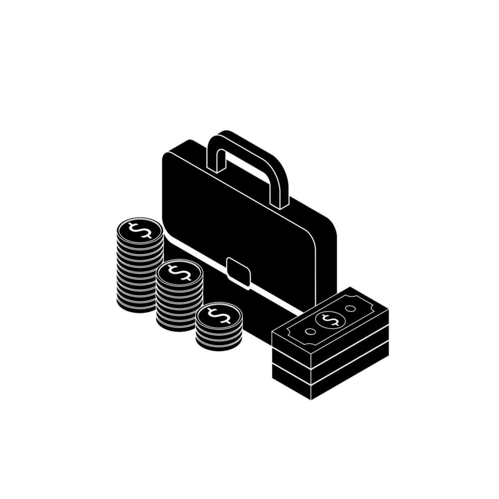 Briefcase, Dollar money cash icon, Gold coin stack left view White Outline icon vector isometric. Flat style vector illustration.