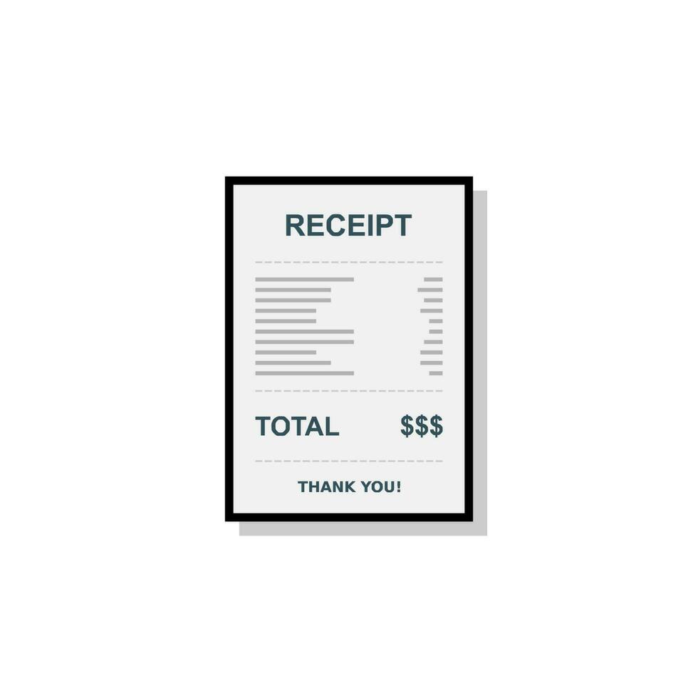 Receipt paper, bill check, invoice, cash receipt. Black stroke and shadow design. Isolated icon. shop receipt or bill, atm check with tax or vat. vector