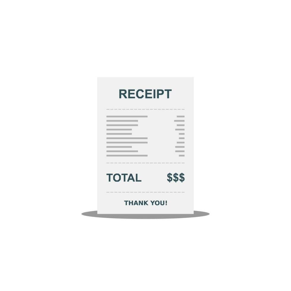 Receipt paper, bill check, invoice, cash receipt. Shadow design. Isolated icon. shop receipt or bill, atm check with tax or vat. vector