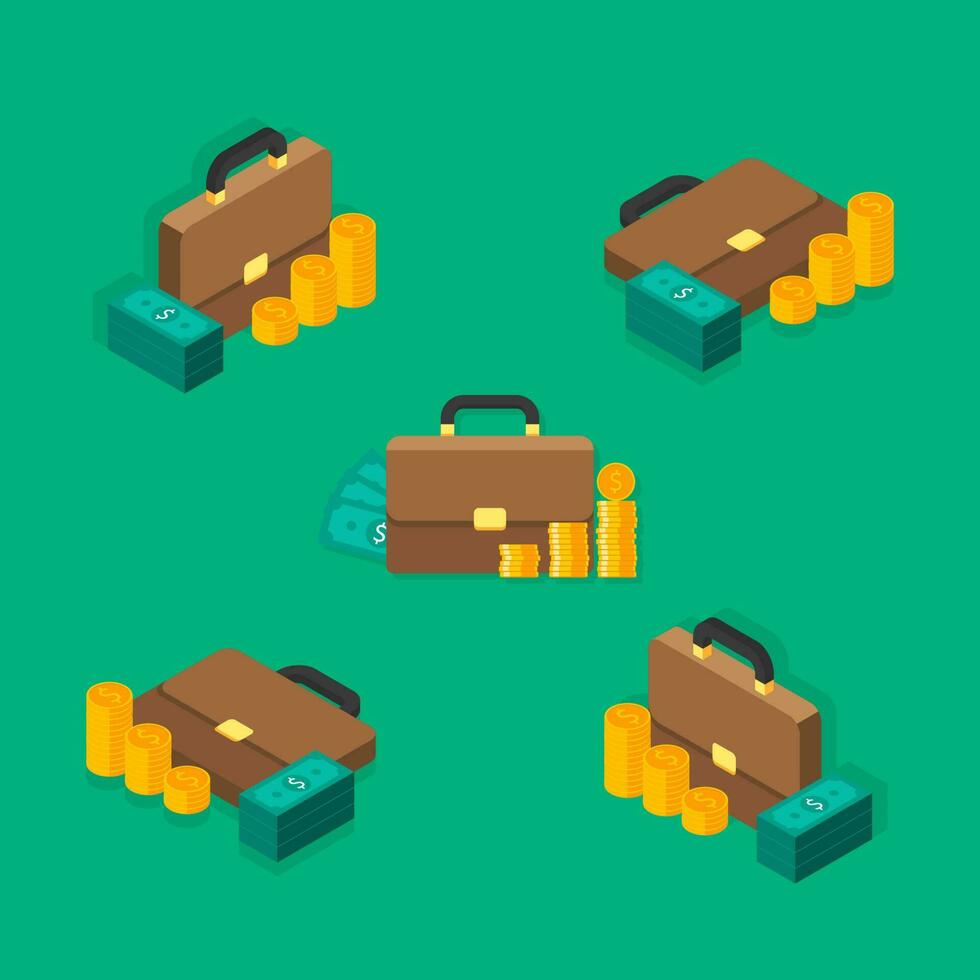 Briefcase, Dollar money cash icon, Gold coin stack Isometric and Flat icon vector. Flat style vector illustration.