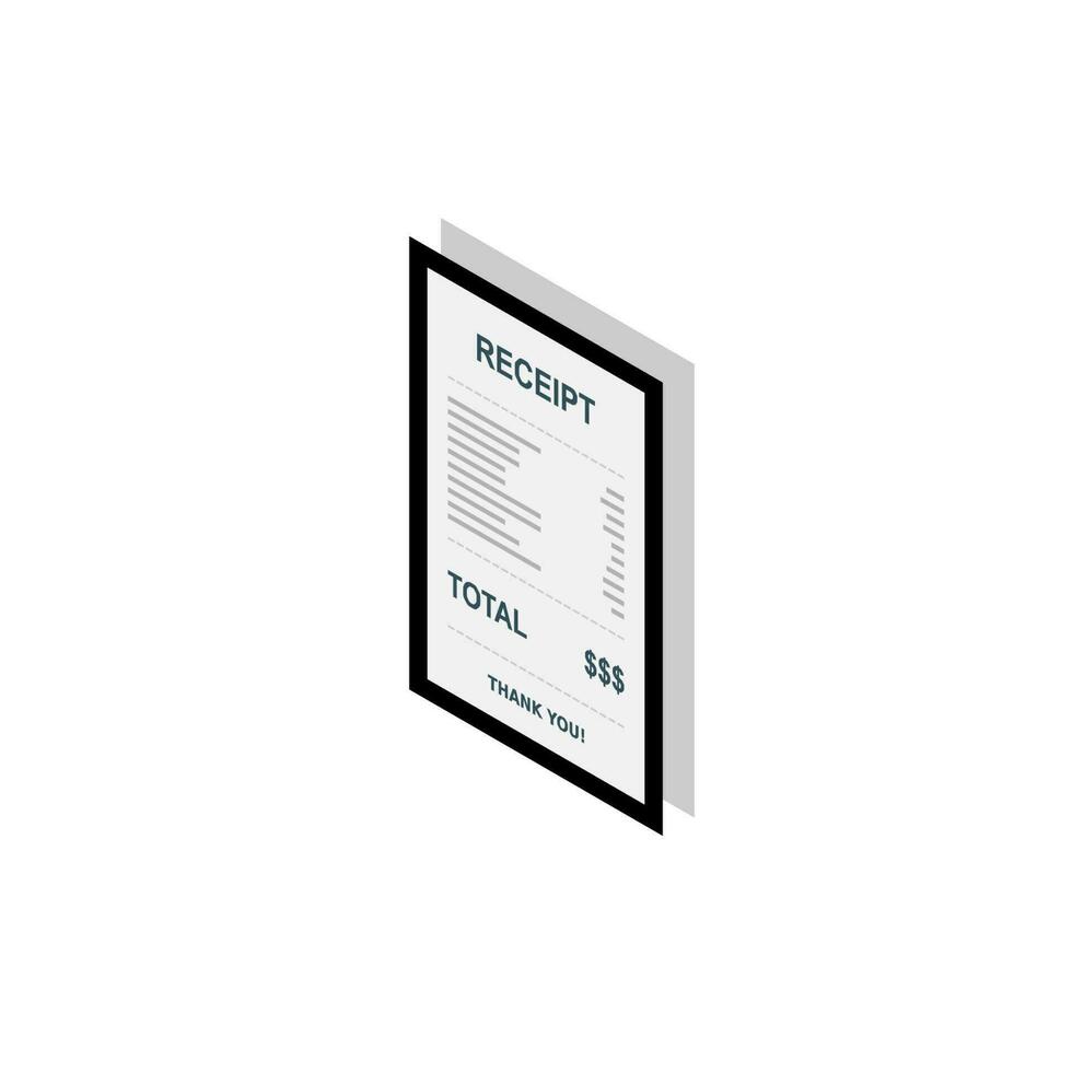 Receipt paper, bill check, invoice, cash receipt. Black stroke and shadow design. Left view isometric icon. shop receipt or bill, atm check with tax or vat. vector