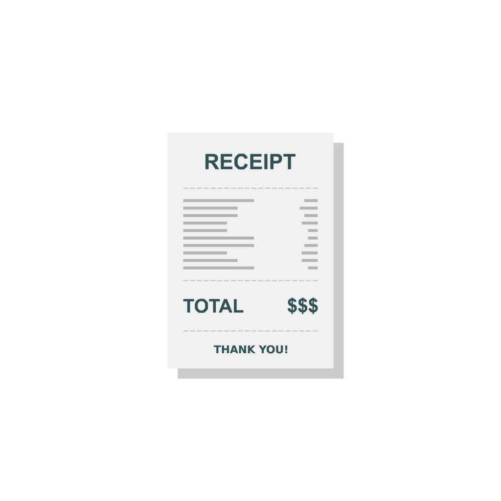 Receipt paper, bill check, invoice, cash receipt. Shadow design. Isolated icon. shop receipt or bill, atm check with tax or vat. vector