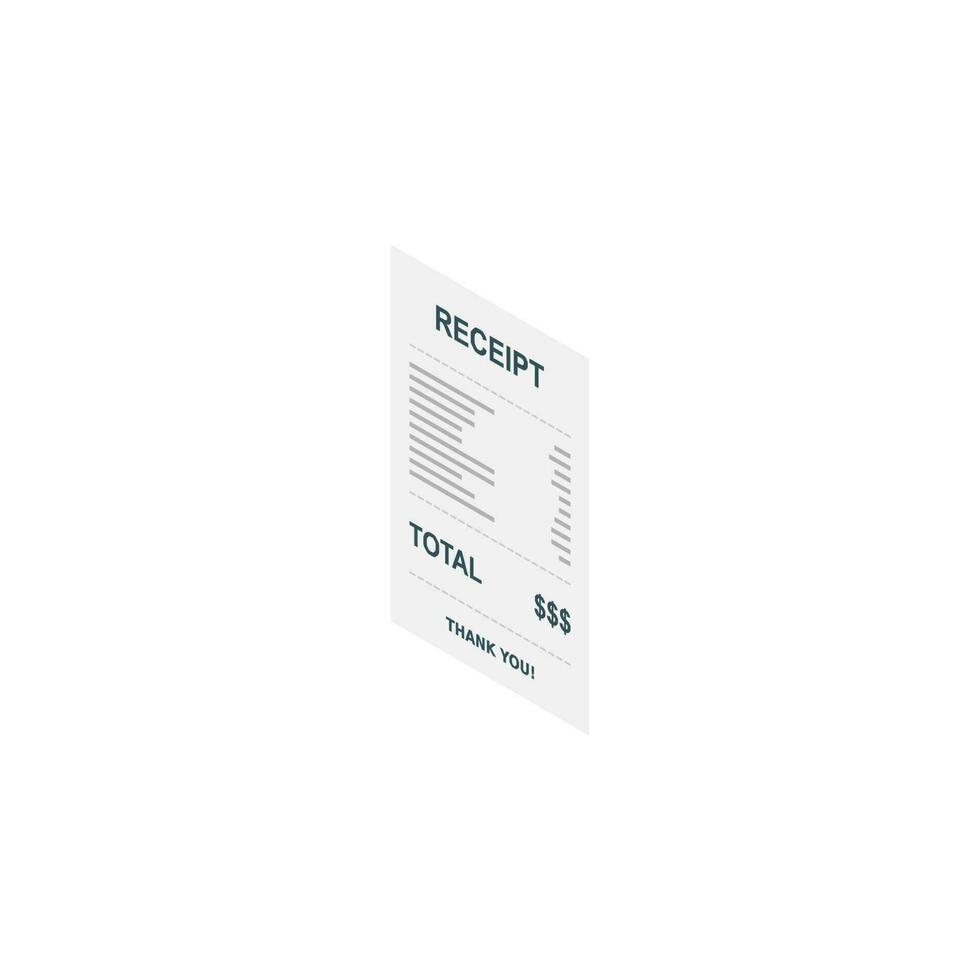 Receipt paper, bill check, invoice, cash receipt. White background. Left view isometric icon. shop receipt or bill, atm check with tax or vat. vector