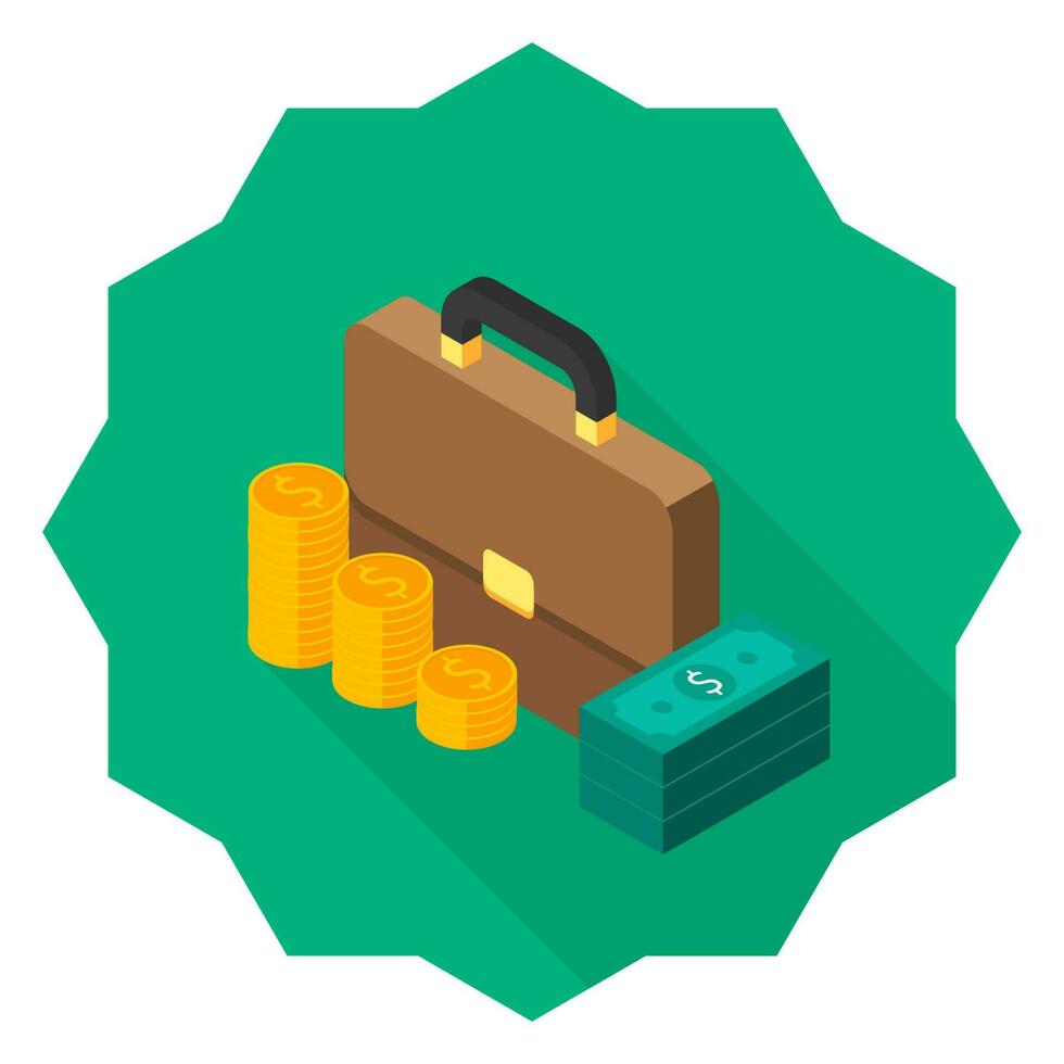 Briefcase, Dollar money cash icon, Gold coin stack left view icon vector isometric. Flat style vector illustration.