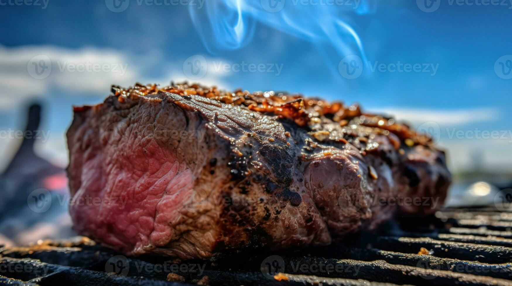 Juicy grilled beef tenderloin, cooked steak meat, food. Barbecue with smoke filet mignon. The meat is cooked, and fried over a fire with dark and provencal herbs. AI-generated image photo
