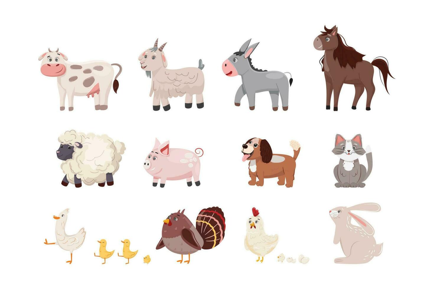 Collection of farm animals on white background. Cow, goat, donkey, horse, sheep, pig, dog, cat, duck, hen, turkey, bunny. Vector character design.