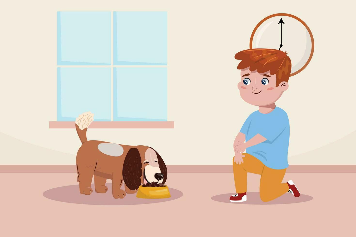 Boy feeding a dog indoor. Care, love, friendship, having a pet concept illustration with a boy and his dog. vector