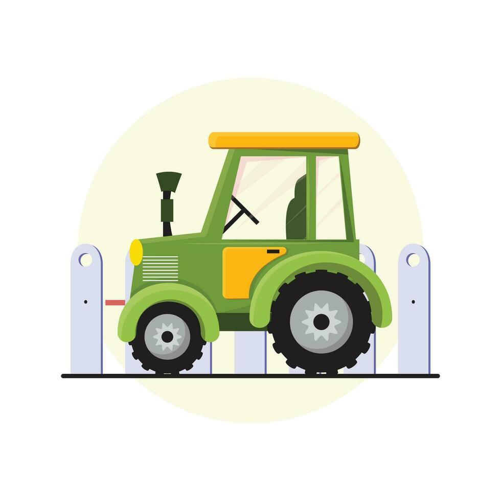 Agriculture equipment on white background. Green tractor. Vector illustration.