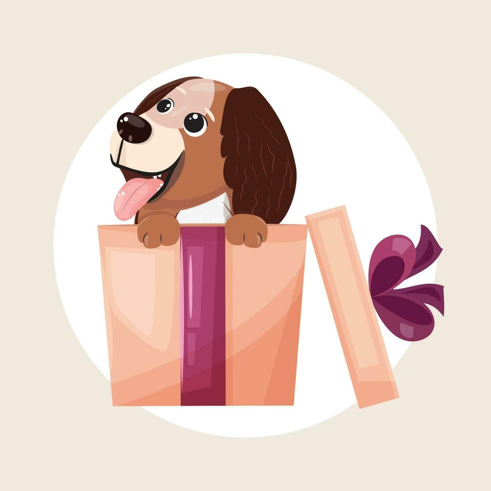 linda gracioso perro personaje en el caja. dibujos animados ilustración de un perro sentado en el caja. sorpresa regalo en blanco antecedentes. vector