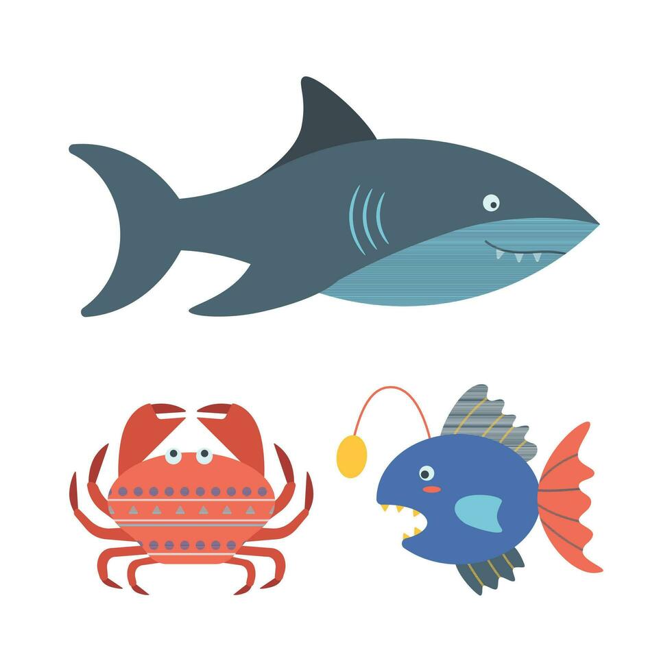 conjunto de marina elementos pez, tiburón, cangrejo en plano dibujos animados estilo. vector