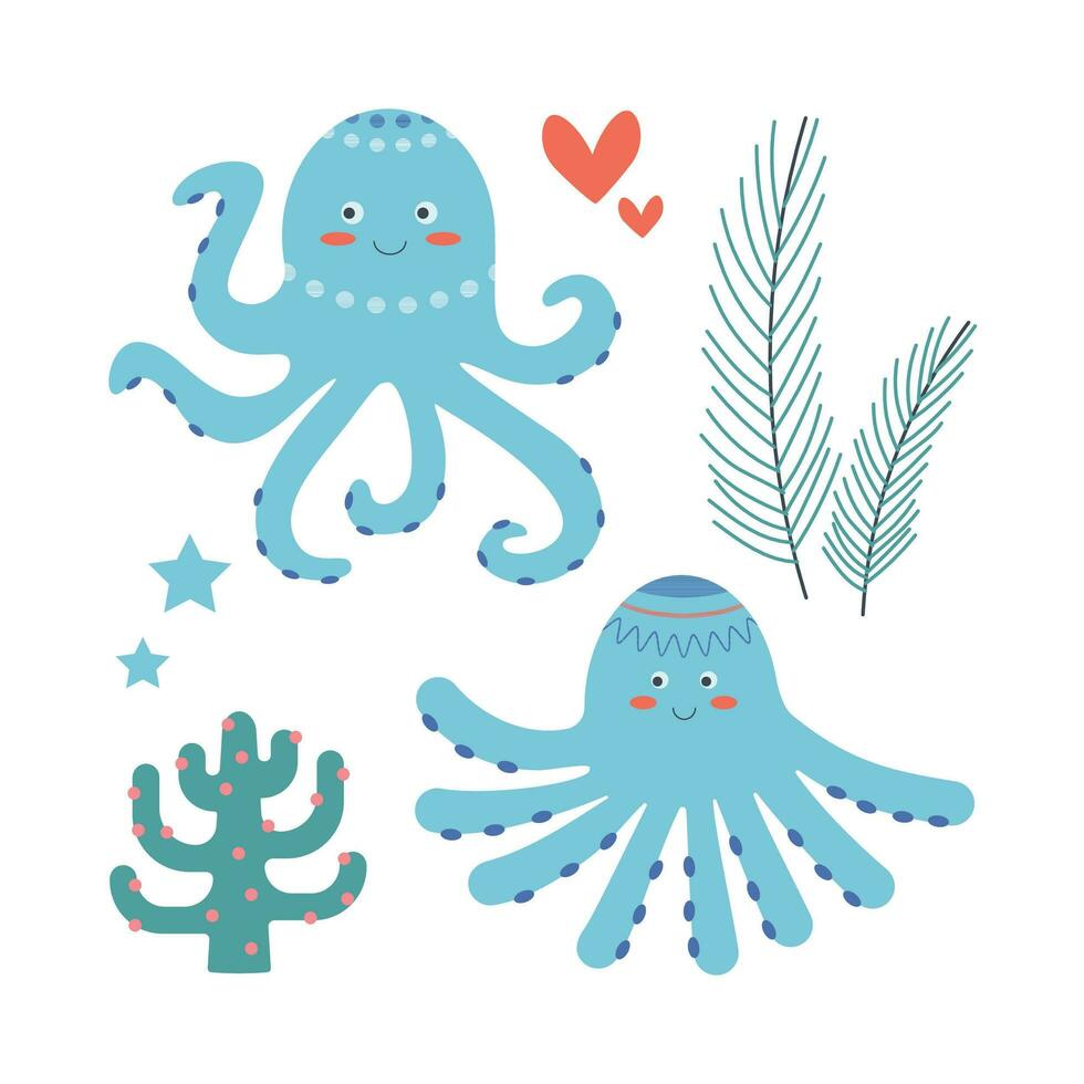 Set of marine elements octopus, seaweed in flat cartoon style. vector