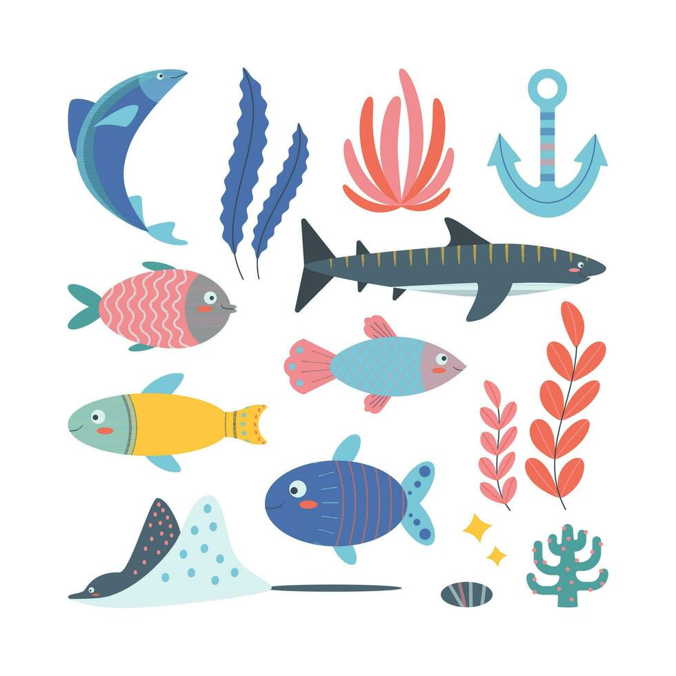 Set of marine elements seaweed, stingray, shark, fish, anchor. vector