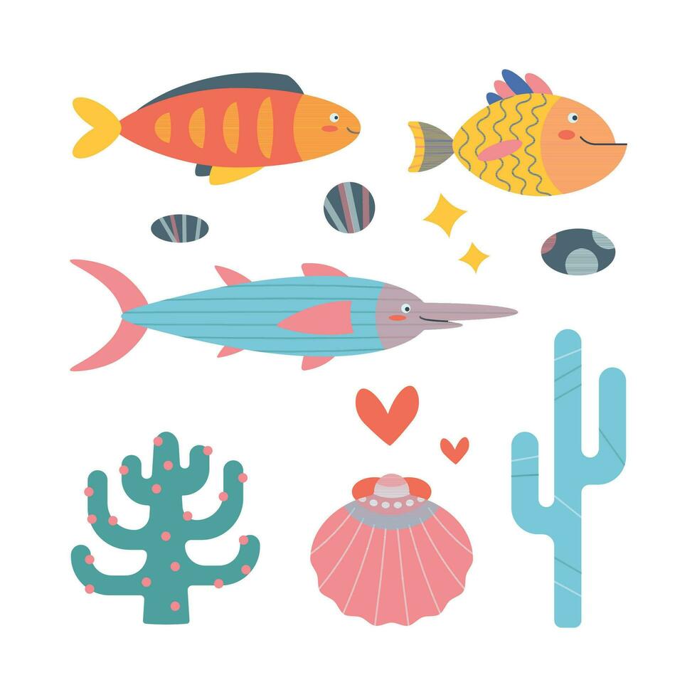 Set of marine elements of fish, shells, seaweed in flat cartoon style. vector