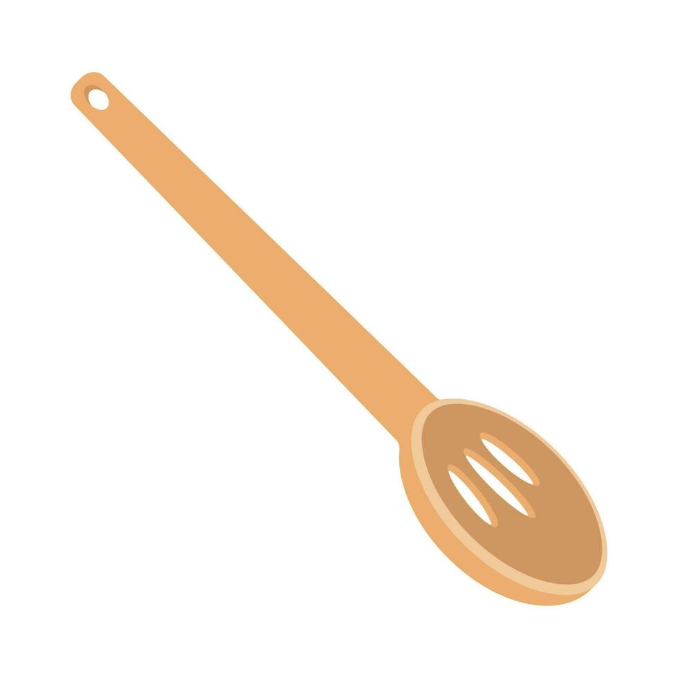 Dishes. A large wooden spoon with holes, a ladle. 24607505 Vector Art