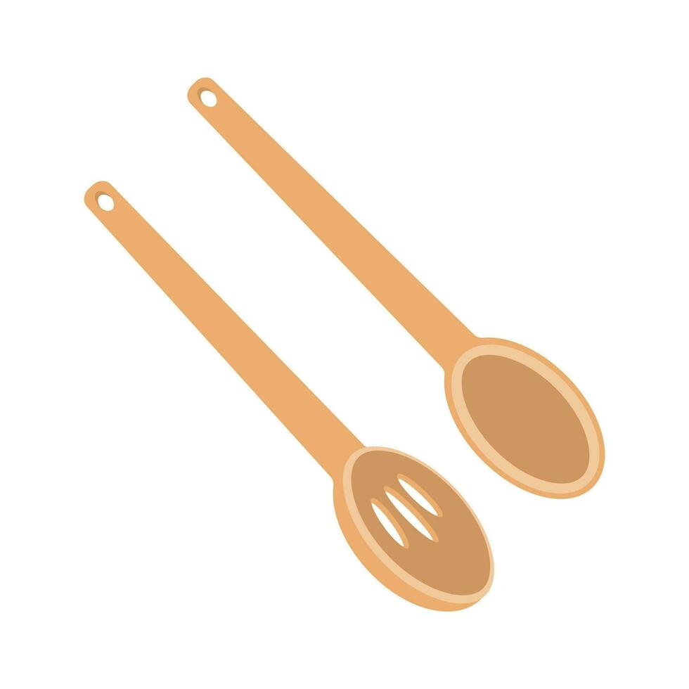 Dishes. A set of kitchen a large wooden spoon with holes, a ladle. vector