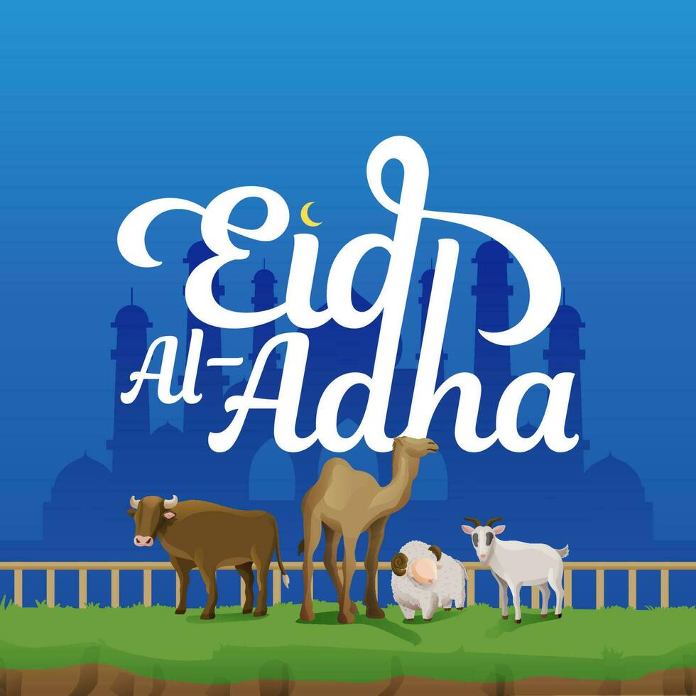 Simple Eid Al Adha Calligraphy Banner With Sacrifice Animal and Mosque Background vector