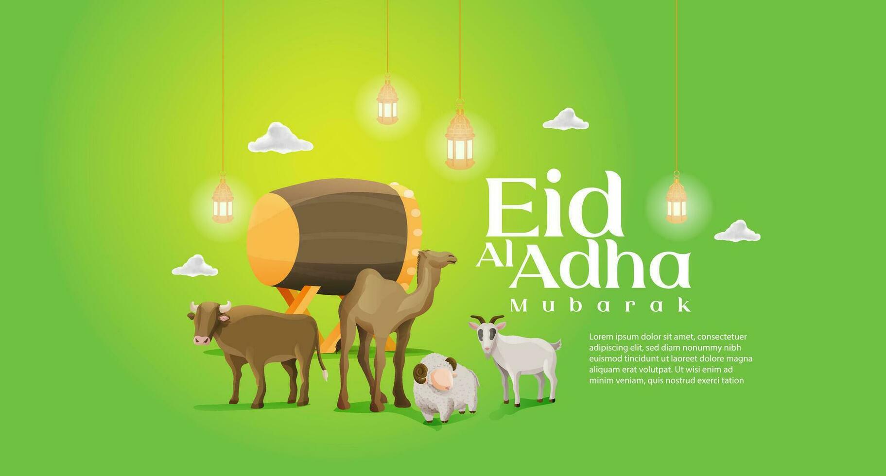 Eid al Adha Mubarak Greeting Concept With Sacrifice Animal and Lantern Illustration vector