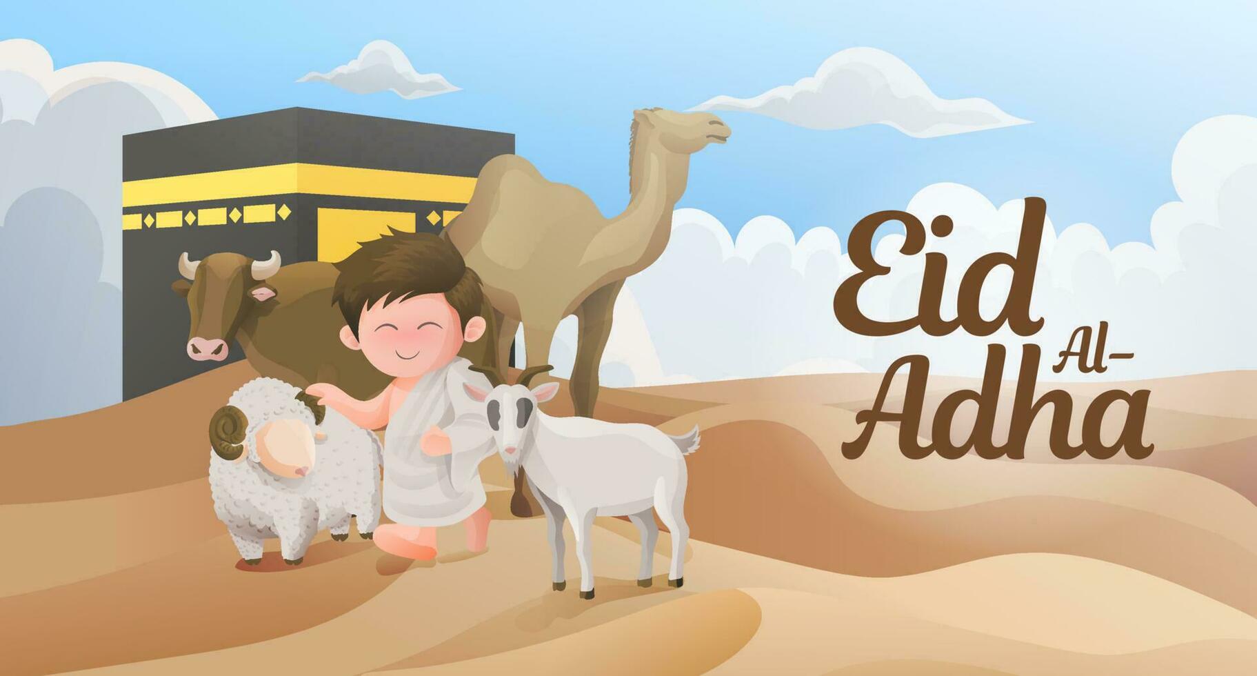 Eid Al Adha Muslim in Pilgrimage Clothes Ihram Walk With Sacrifice Animal in Front of Kaaba Illustration Banner vector