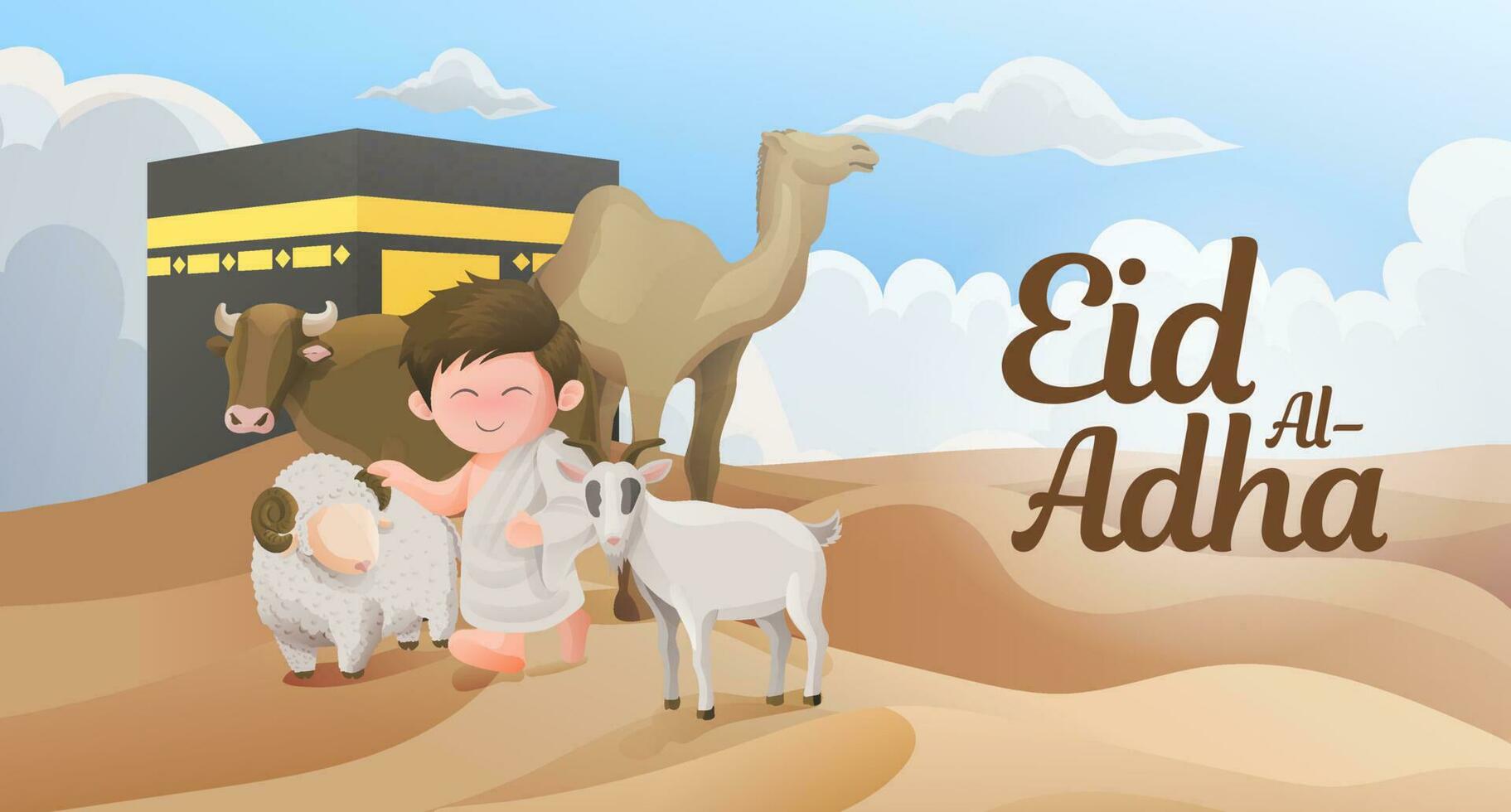 eid Alabama adha musulmán en peregrinaje ropa ihram caminar con sacrificio animal en frente de kaaba ilustración bandera vector