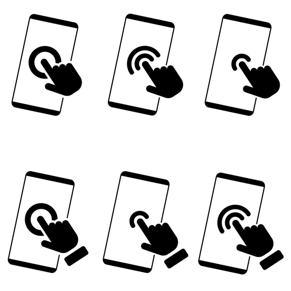mano toque teléfono inteligente icono vector. teléfono dedo ilustración símbolo en blanco aislado antecedentes. cursor pantalla táctil logo. vector