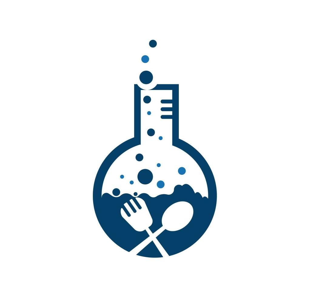 Food Lab logo vector icon illustration design template. lab logo.Lab test tube with spoon and fork.