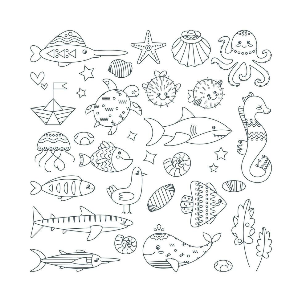 Set of marine elements algae, whale, shark, fish, seahorse, shells, jellyfish. Line art. vector