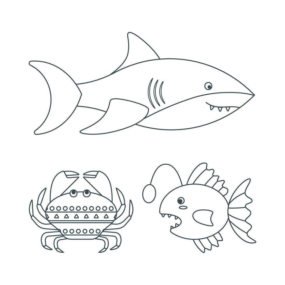 Set of marine elements fish, shark, crab in flat cartoon style. Line art. vector