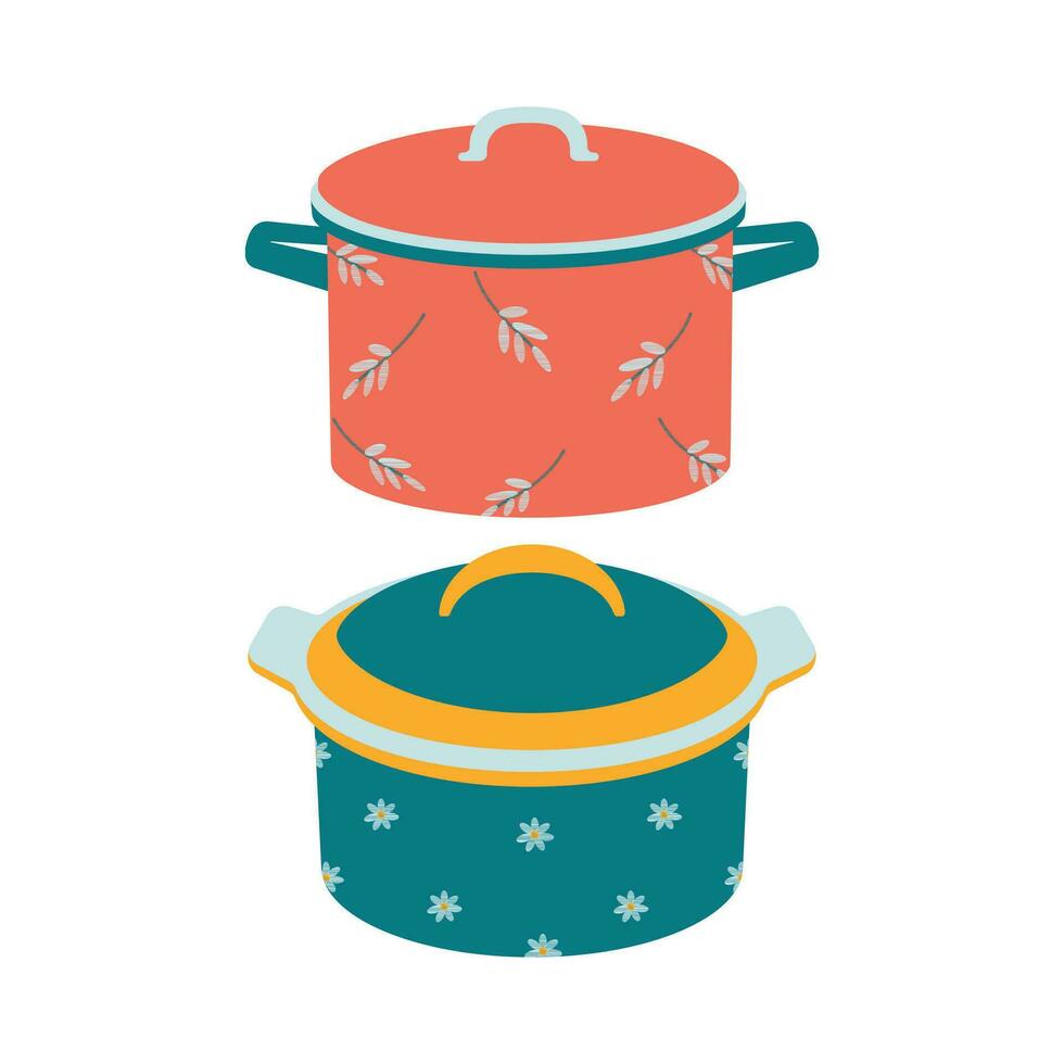 Dishes. A set of kitchen pot with a lid and a floral ornament. vector