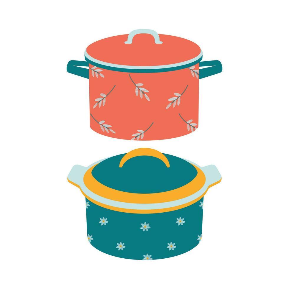 platos. un conjunto de cocina maceta con un tapa y un floral ornamento. vector