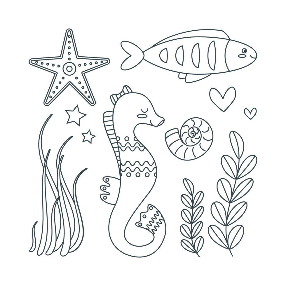 Set of marine elements of fish, shells, seaweed in flat cartoon style. Line art. vector