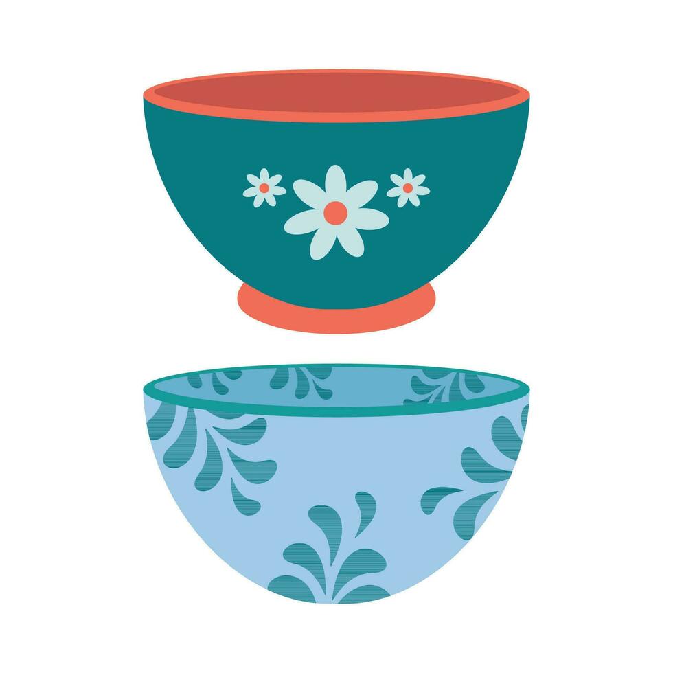 Dishes. A set of kitchen plates, bowls with a floral ornament. vector
