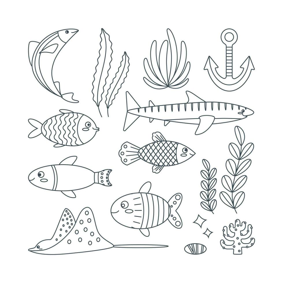 Set of marine elements seaweed, seashell, octopus, dolphin, fish, stingray, seahorse. Line art. vector