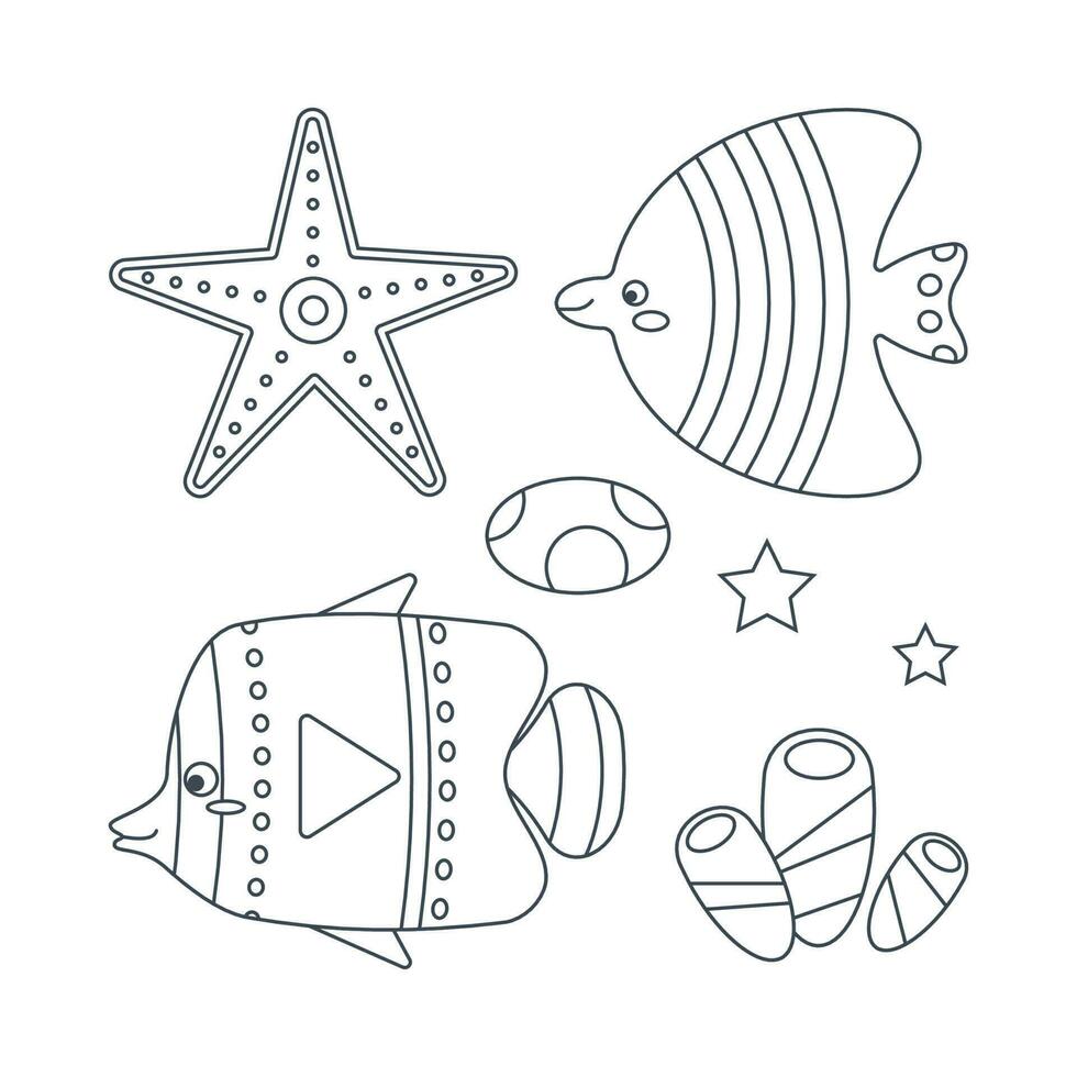 Set of marine elements of fish, shells, seaweed, starfish in flat cartoon style. Line art. vector