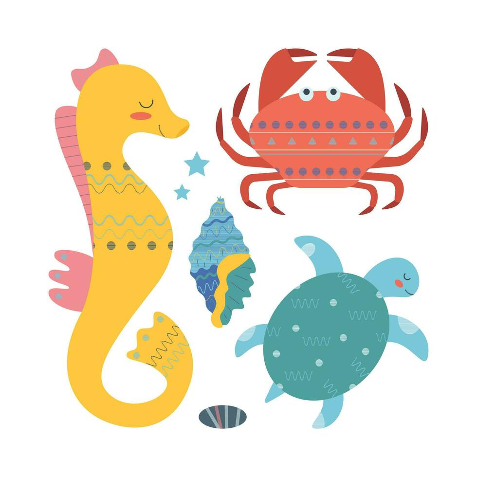 Set of sea elements fish, turtle, crab, shells, seahorse, stones in flat cartoon style. vector