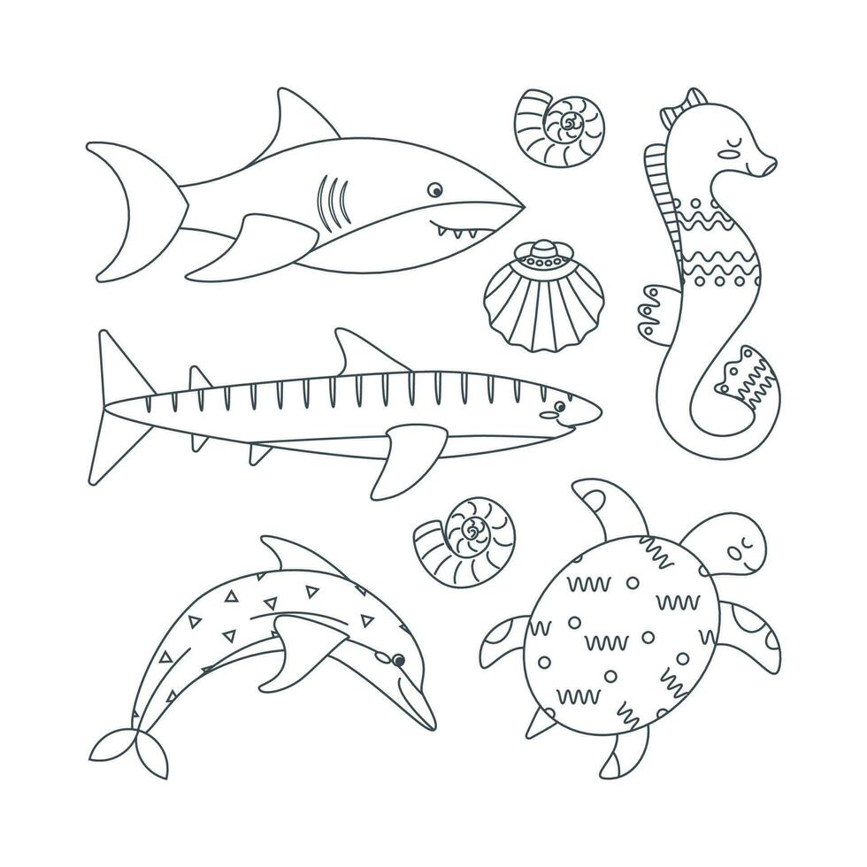 Set of marine elements fish, dolphin, shark, shells, turtle, seahorse. Line art. vector