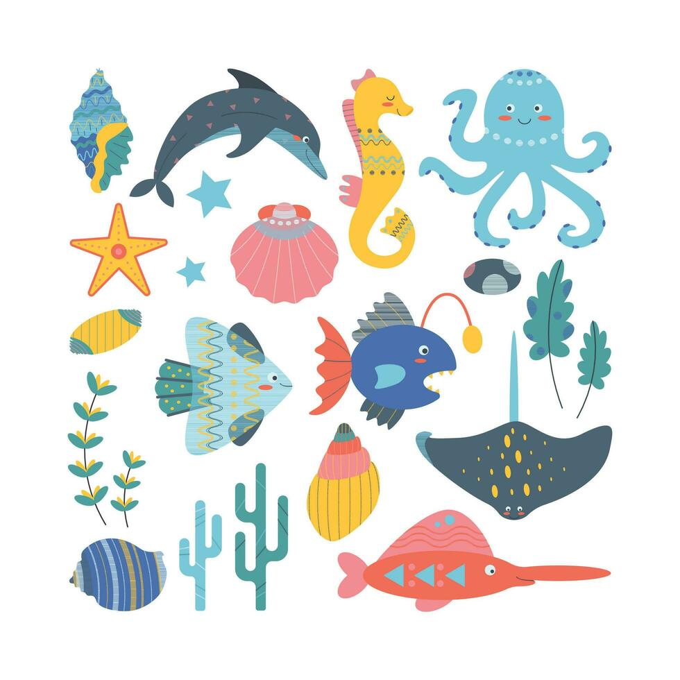 Set of marine elements seaweed, seashell, octopus, dolphin, fish, stingray, seahorse. vector